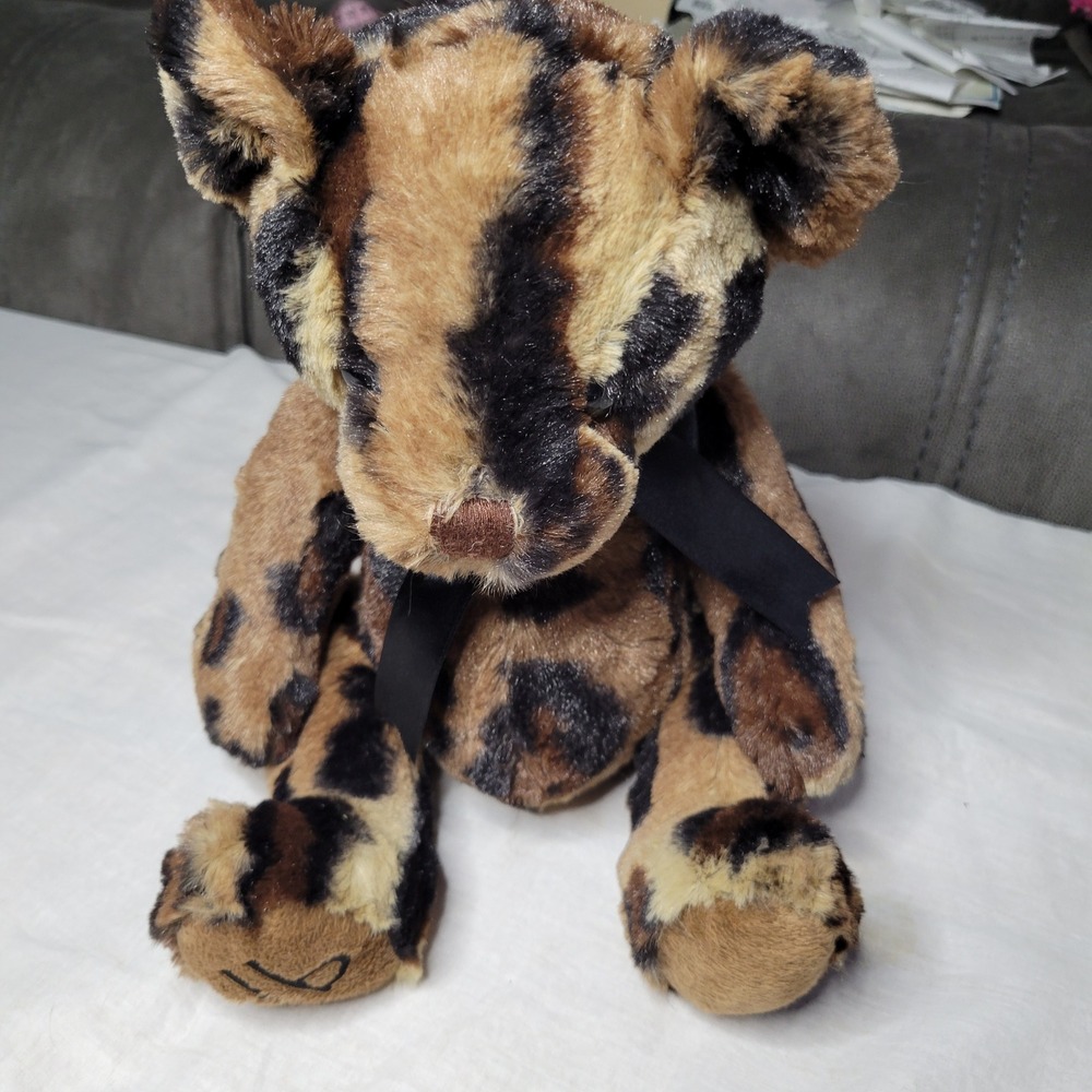 Dennis Basso Leopard Print Faux Fur Teddy Bear Plush Brown Black DB Logo 11"